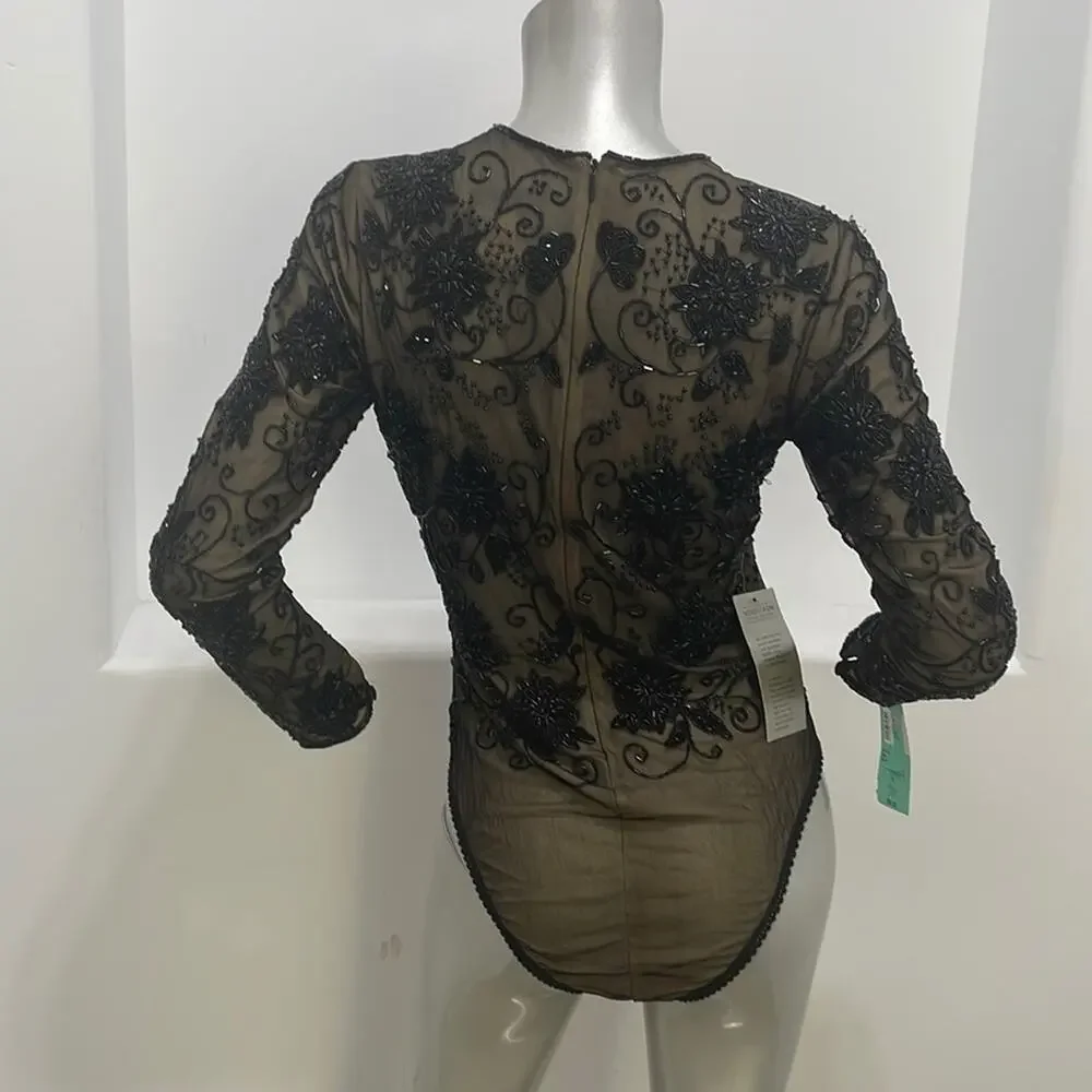 Bob Mackie Special Occasion Beaded Long Sleeve  Bodysuit Black Size S - Picture 2 of 14
